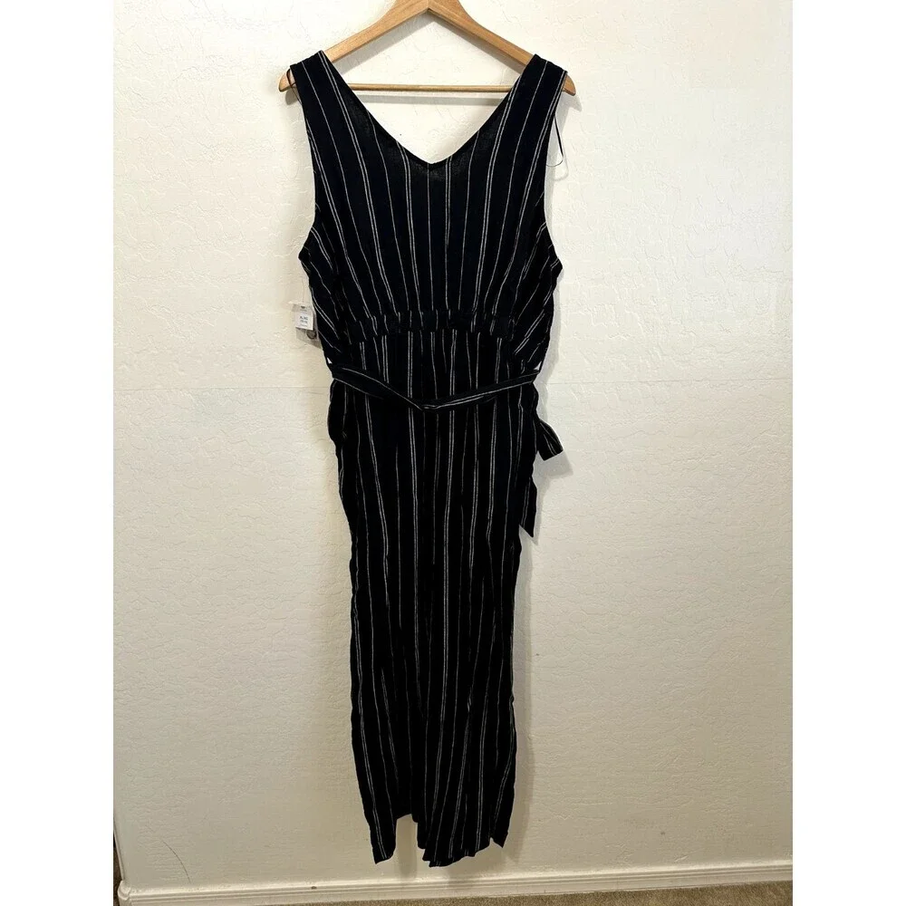 Time & Tru Womans Striped Linen Romper Size XL Sleeveless Tie Waist Boho Western